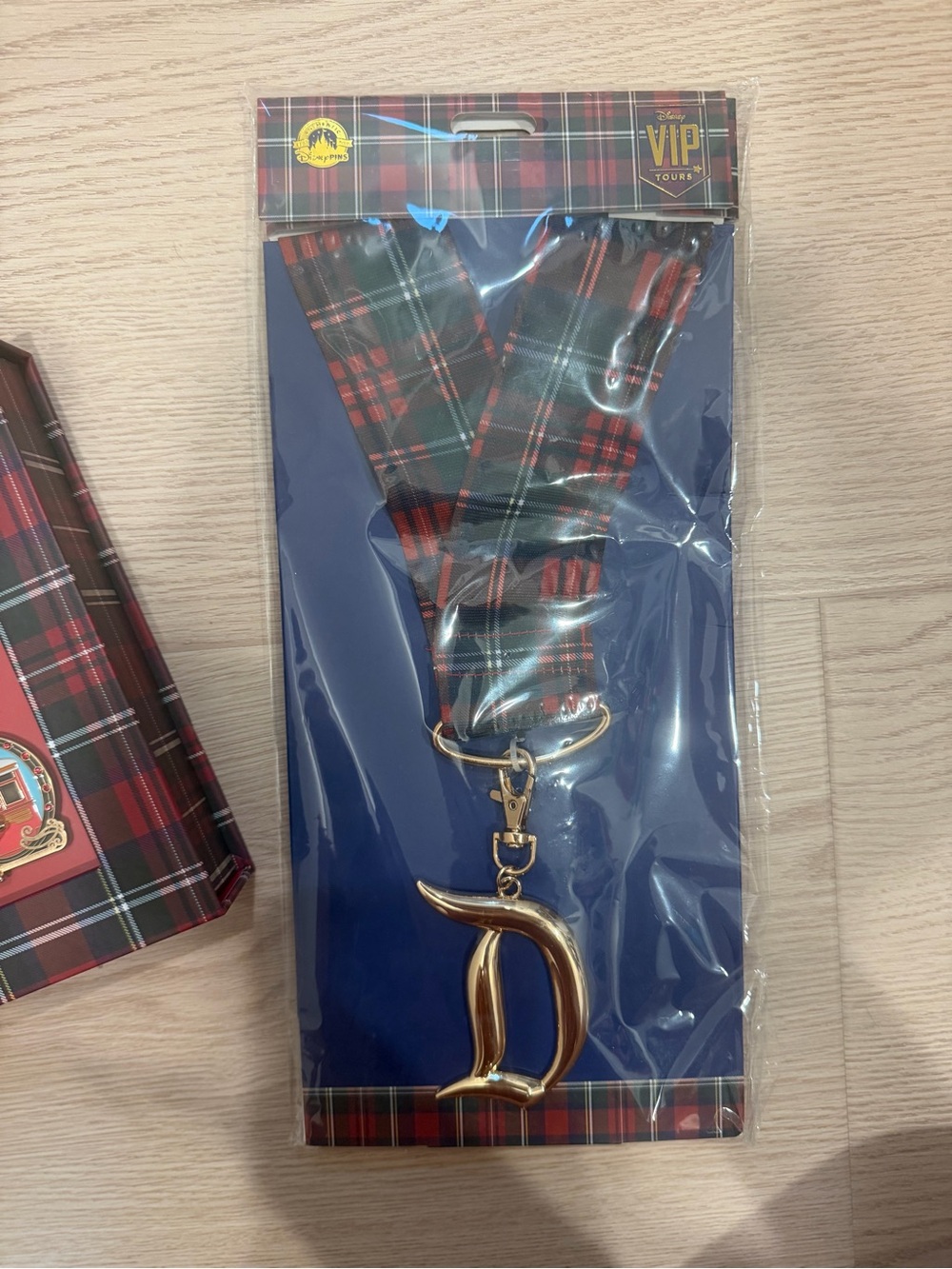 Disney Red and Black Tartan Lanyard with Gold D Charm